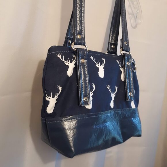 New Vinyl Double handle Shoulder Satchel Bag Purse Navy Blue White Deer Western - Picture 5 of 12